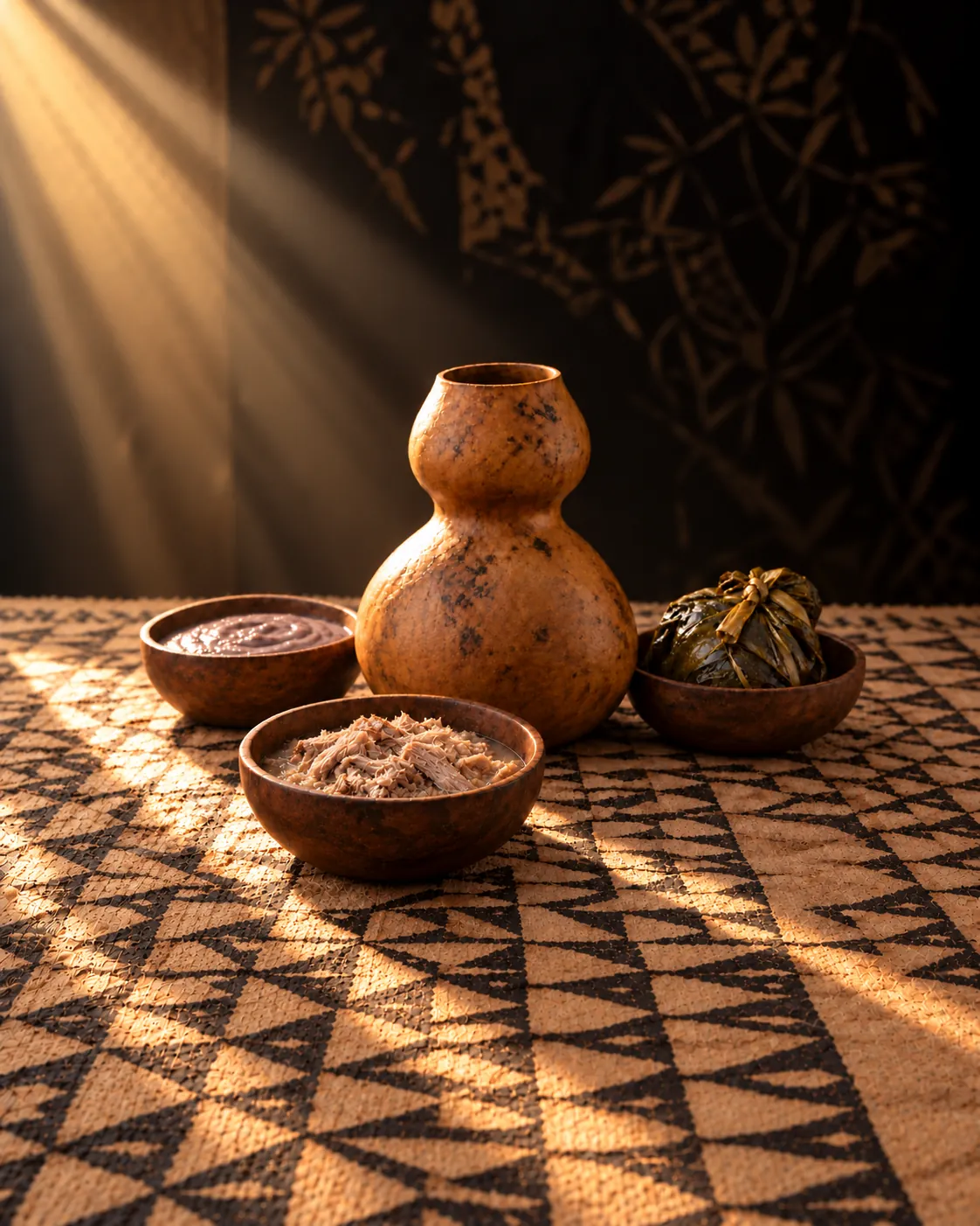 An ipu gourd beside wooden bowls of poi, lomi and laulau on a woven mat