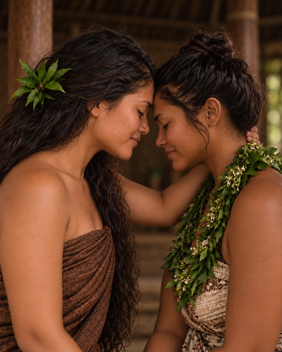 Two women touching foreheads in a honi, one wearing a maile lei